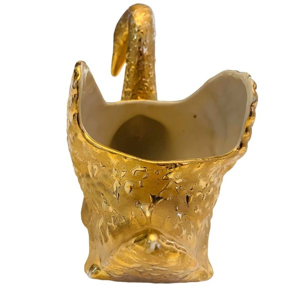 Gold Swan Planter Spring MCM 22 K Textured Ceramic 8" Vase Candy Dish Regency - Picture 4 of 12